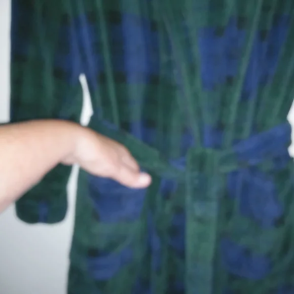 Polo Ralph Lauren S/M Mens Belted Blue Hunter Green Plaid Fleece Robe - Picture 8 of 8